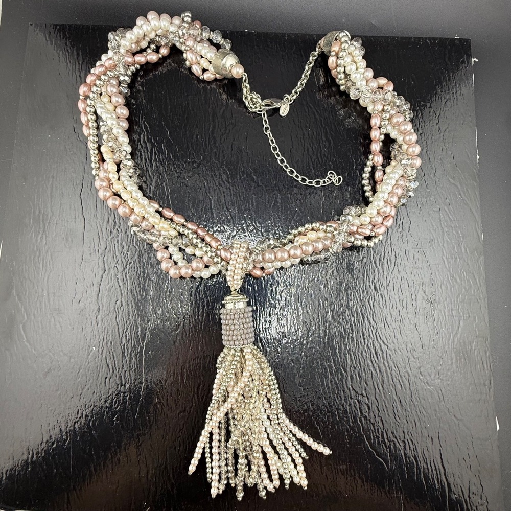 Chicos Necklace Silver Chunky Beaded Tassel Multi Strand Faux Pearl 24in
